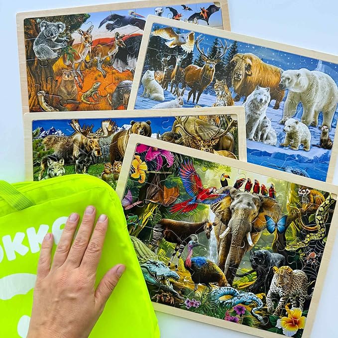 QUOKKA 4SET Puzzles for Kids Ages 4-6 - 36 Pcs Wooden Realistic Montessori Puzzles Ages 3-5 - Polar & Tropical Regions, Yellowstone & Australian Animals Learning Games for Boys and Girls 4-8 Year Old