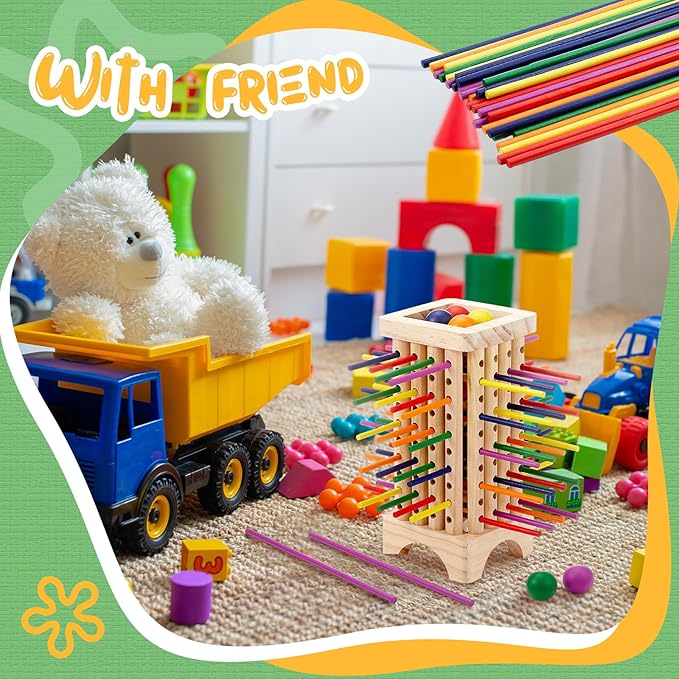 Montessori Game with Colorful Wooden Sticks Tower Dice Ball Wooden Board Games Fine Motor Skills Counting Math Educational Toys for Family Travel(Square)