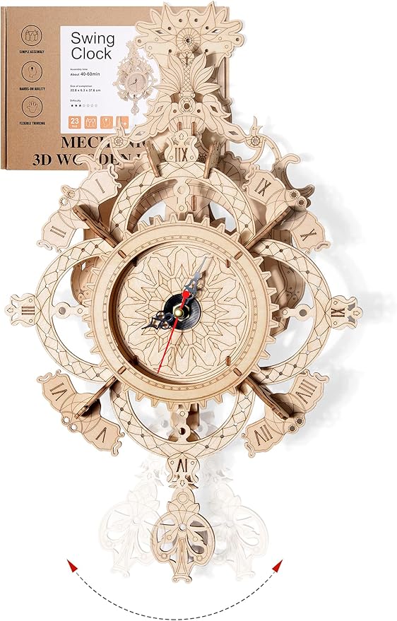 3D Wooden Puzzle Clock Kit DIY Mechanical Wall Clock Hanging Pendulum Gift for Adults & Teens