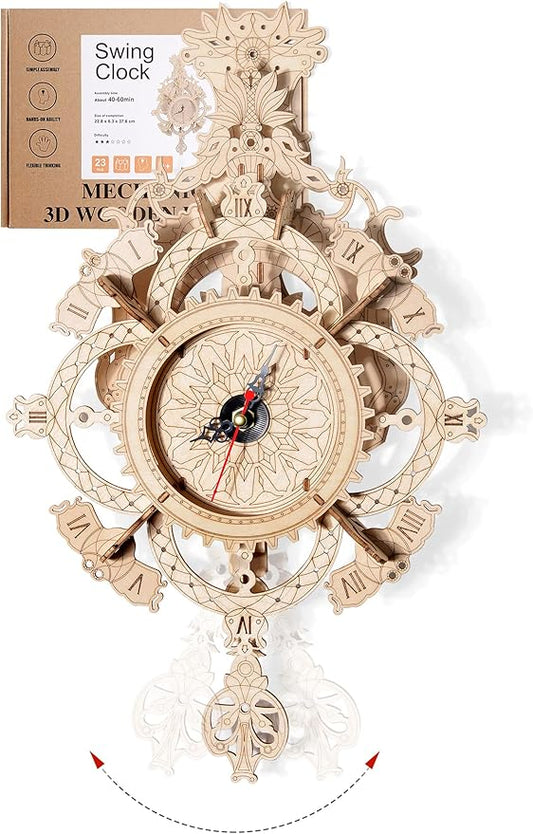 3D Wooden Puzzle Clock Kit DIY Mechanical Wall Clock Hanging Pendulum Gift for Adults & Teens
