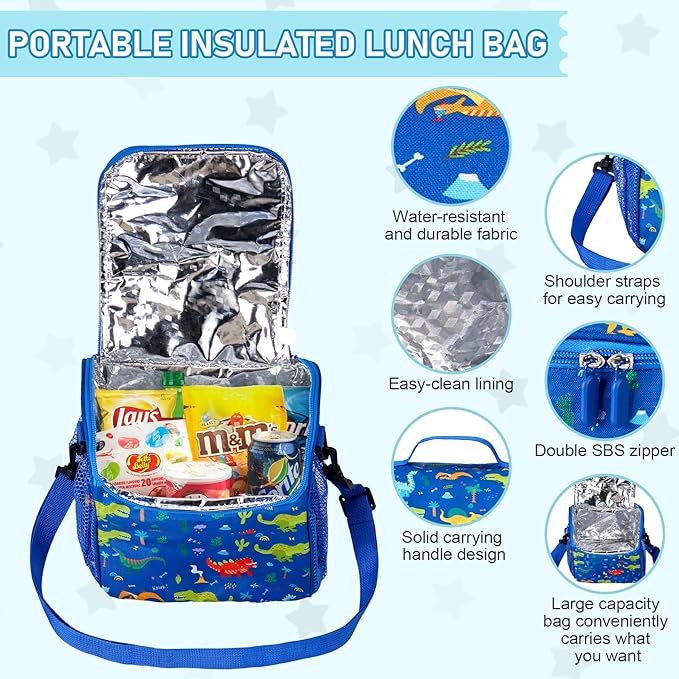 Bento Lunch Box for Kids with 17oz Soup Thermo,Insulated Tumbler Water Bottle and Insulated Lunch Bag,Leak-Proof 3 Compartment Lunch Food Container with with Ice Pack for Kids to School-Dinosaur