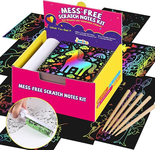 Rainbow Scratch Paper, 100 PCS Scratch Notes with Reusable Cleaner Tool, Mess-Free Art Crafts for Kids Boys & Girls Ages 4-8, Gifts Classroom Prizes Supplies School Birthday Party Travel Toy