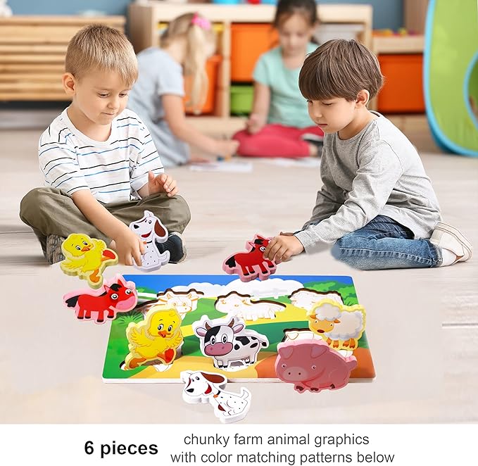 Wooden Peg Puzzle for Toddlers 1-3 Year Old,Funsland Puzzles Gifts Colorful Toys Cartoon Gifts,Farm Animals Puzzles