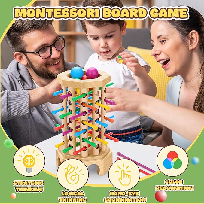 Montessori Wooden Board Game for Kids 3-6 Years - Educational Learning Toy with Colorful Sticks, Dice& Balls - Fine Motor Skills, Classic Tower Games for Family Night - Gift for Toddlers Boys Girls