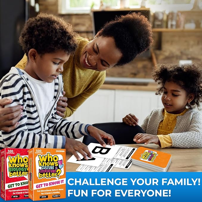 Board Games for Kids 8-12 and Family - Set of 4 Who Knows It Better? - 2000+ Questions Across Biology, Culture, STEM and Math - Educational Trivia Cards for Learning and Game Night