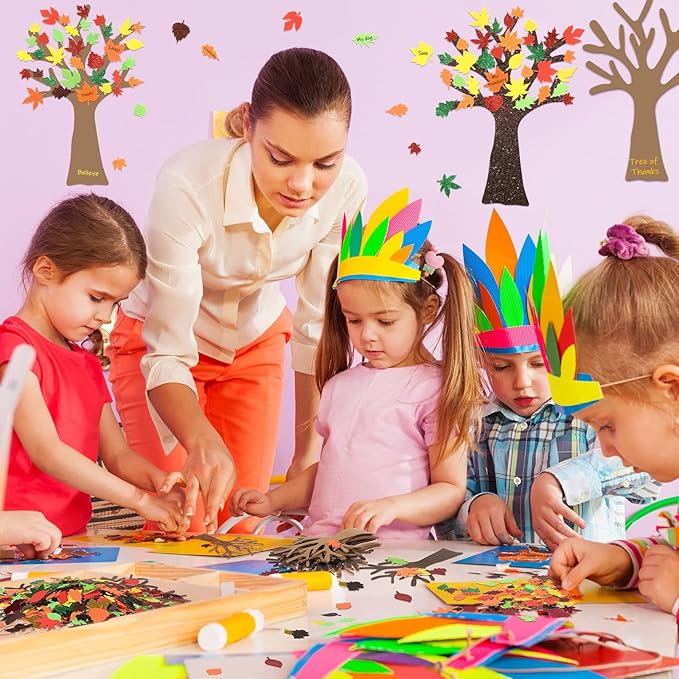 224 Pcs Fall Foam Stickers Fall Leaf Craft Thanksgiving Tree Maple Leaf Foam Shaped Self Adhesive Glitter Stickers Craft Kit for Thanksgiving Autumn Art Family (Maple Leaves)