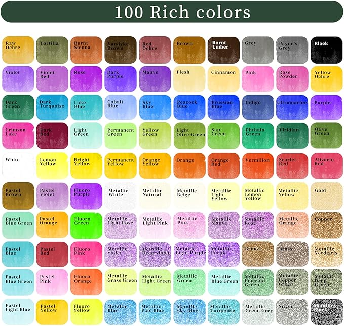 Artecho Watercolor Paint Set 100 Colors with Metallic in Portable Box, Paint Kit with Watercolor Papers and Brushes, Water Color Set for Beginners & Professionals