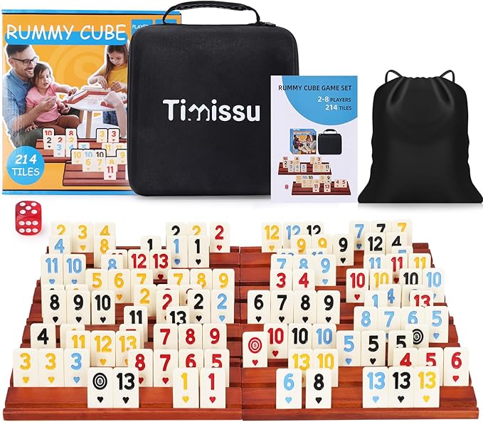 Rummy Cube 6-8 Players with 8 Wooden Racks 214 Large Number Rummy Tiles Travel Size Rummy Cube Game with Case 8 Players Travel Game Set for Fun Family Board Games