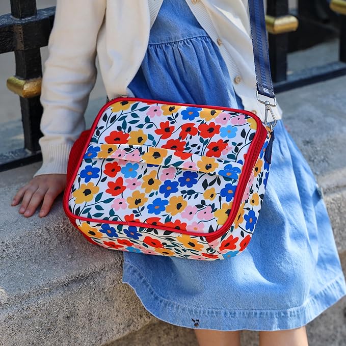 Yumbox Kids Lunch Bag, Holds Lunch Box and Water Bottle, 3 Ways to Carry, Zip Closure, Inside Zipper Netting, Wipe Clean Fabric with EVA lining for extra insulation, Poppy Flowers