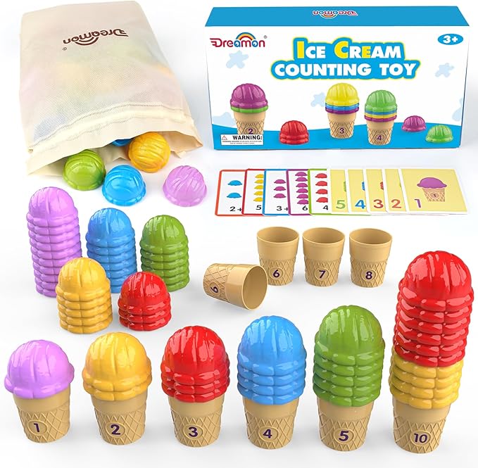 Ice Cream Color Sorting Toys for Toddlers, Montessori Counting Pretend Play Toys - 76 Pieces, Early Math Manipulatives Learning Toys with 10 Educational Number Cards for Preschool Kids (Number)