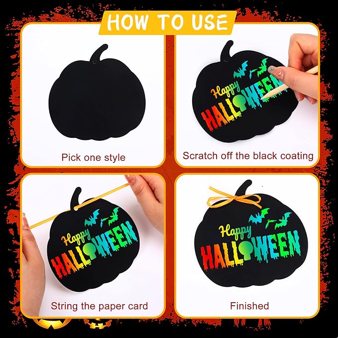 JULMELON Halloween Craft Kits, 48PCS Rainbow Magic Scratch Art Halloween Hanging Ornaments Halloween Crafts Scratch Paper Halloween Party Favors Games
