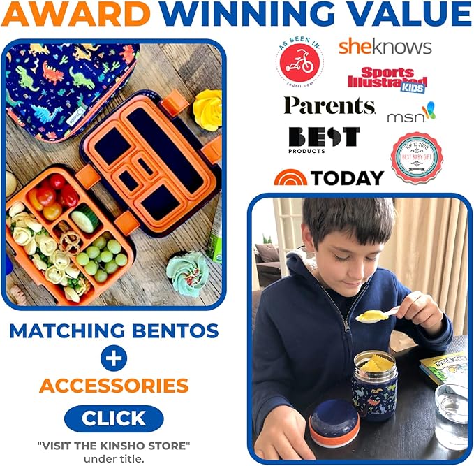 Bento Box with Thermal, Stainless Steel Food Jar for Hot-Cold Food or Soup, Insulated Lunch Bag and Ice Pack Set for Kids or Toddlers. Ages 3 to 7, Blue Dinosaur