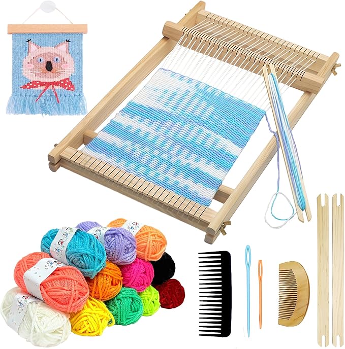 Sawvolker Weaving Loom Kit, Wooden Weaving Kit Multi-Craft Weaving Loom Tapestry Loom Large Frame 9.85x15.5 inch, DIY Hand-Knitting Looms Set with 12 Colors Acrylic Yarn for Kids, Adult and Beginners