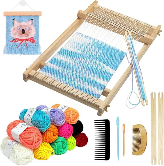 Sawvolker Weaving Loom Kit, Wooden Weaving Kit Multi-Craft Weaving Loom Tapestry Loom Large Frame 9.85x15.5 inch, DIY Hand-Knitting Looms Set with 12 Colors Acrylic Yarn for Kids, Adult and Beginners