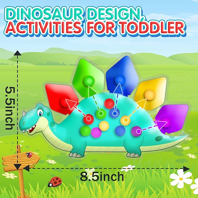 Dinosaur Color Sorting Sensory Toy for Toddler Activities Fine Motor Matching Game Roadtrip Travel Essential Autism Fidget for Preschool Classroom Christmas Stocking Stuffers Gift for Kid 3-5 Year Old