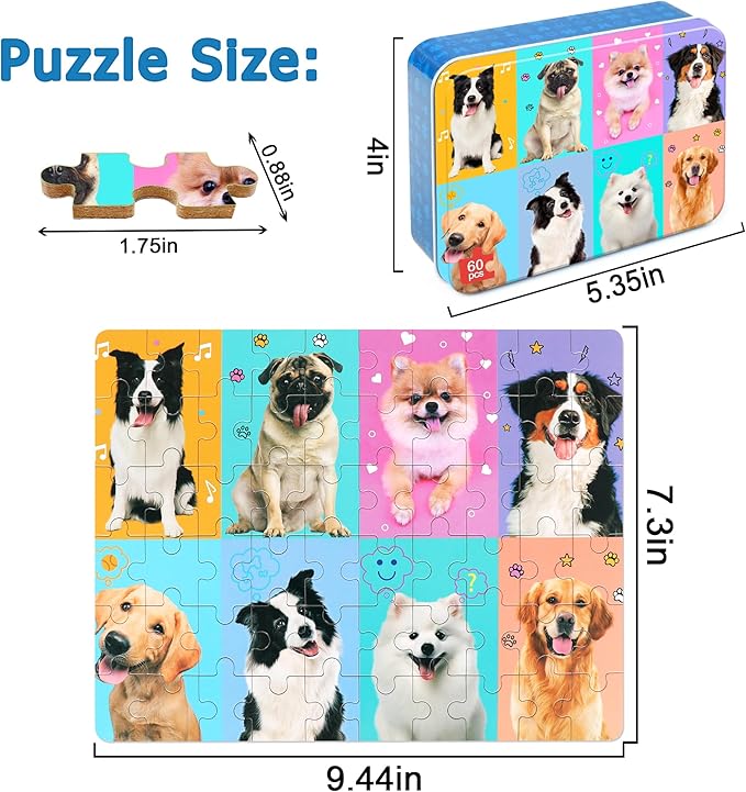 LELEMON Puzzles for Kids Ages 4-6,Dog 60 Piece Puzzles for Kids Ages 4-8,Children Jigsaw Puzzles Kids Puzzles in a Metal Box,Educational Learning Puzzle Toys for Girls and Boys