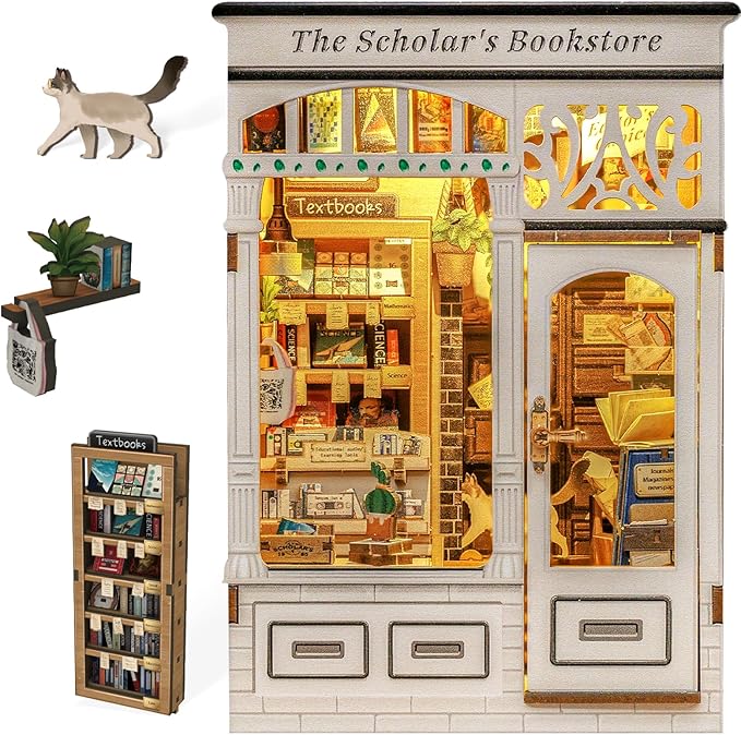 Fsolis Book Nook Kit - DIY Miniature Dollhouse Kit 3D Puzzles for Adults Tiny House Mini Booknook Craft Bookshelf Decor, 168 Wooden Pieces, Gifts for Women Book Lovers(The Scholar's Bookstore)