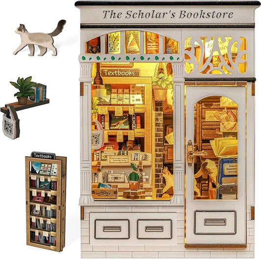 Fsolis Book Nook Kit - DIY Miniature Dollhouse Kit 3D Puzzles for Adults Tiny House Mini Booknook Craft Bookshelf Decor, 168 Wooden Pieces, Gifts for Women Book Lovers(The Scholar's Bookstore)