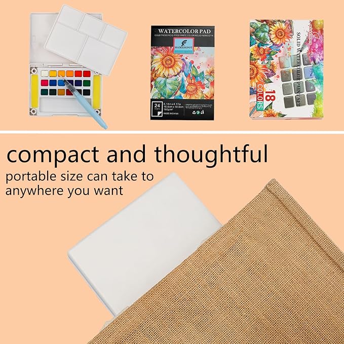 Watercolor Paint Set,Vivid Colors Travel Paint Set Graspable Painting Set Watercolor Sketching Kit with Water Brush Pens,24 Sheets Watercolor Papers,3 Online Tutorial Video - 18colors