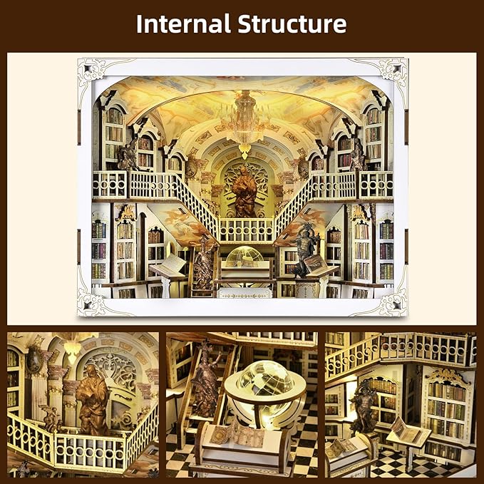 DIY Book Nook Kit for Adults, 3D Wooden Puzzle Bookend Bookshelf Insert Decor with LED Light and Dust Cover (Library of Gods Max)