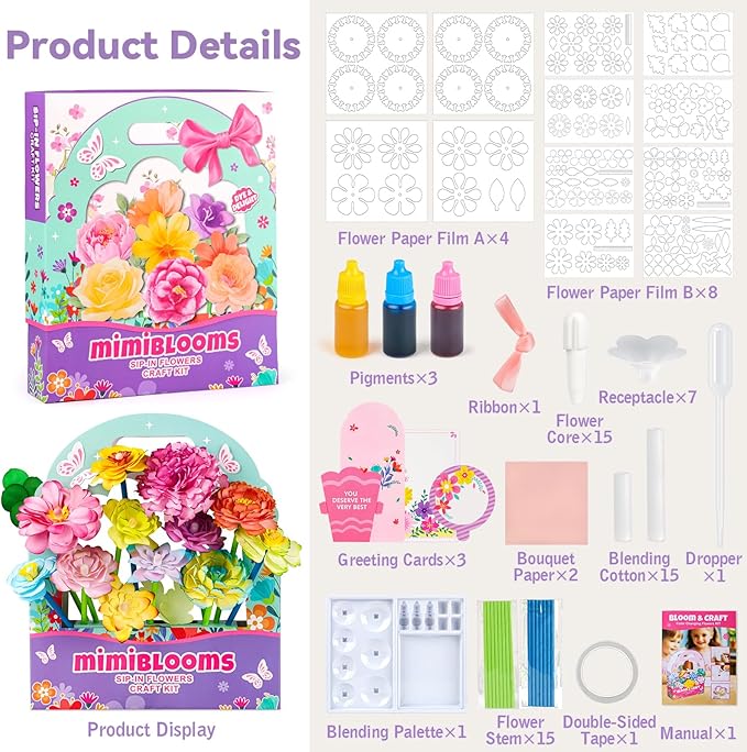 Mimiblooms Paper Flowers Science Kit for Girls, Magic Flower Paper Color Science Dyeing Kit, Arts&Crafts for Kids Age 8-12, Science Experiments Color Changing for Girls 6 7 9 10 11 yr Birthday Gift