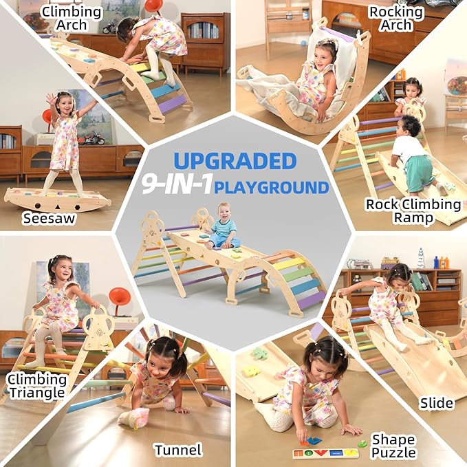 Pikler Triangle Set with Cushion, 9-in-1 Foldable Wooden Climbing Toys for Toddlers, Indoor Montessori Jungle Gym Set for Baby & Kid