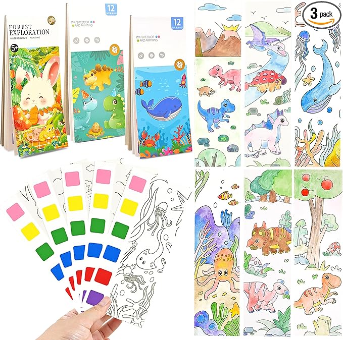 Vileafy 3-Pack Water Coloring Books for Kids Ages 4-8, Ocean, Animals, Dinosaur Travel Watercolor Painting Book with 6 Brushes for Airplane, Camping, Restaurant Activities, and Goodie Bag Stuffers