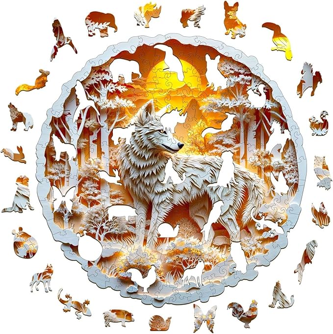 Wooden Puzzles for Adults, 3D Wolf Wooden Puzzles 200 Pieces, Unique Animal Shaped Wood Challenging Jigsaw Puzzles Gifts for Adults, 11.4x11.4in