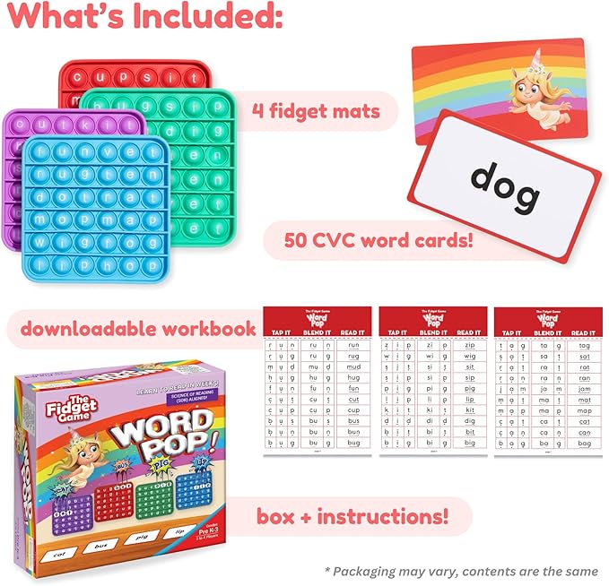 The Fidget Game Word Pop, CVC Words - Learn to Read in Weeks - Multisensory Reading & Phonics Interactive Game Ideal for Pre Kindergarten to 1st Grade (Packaging May Vary)