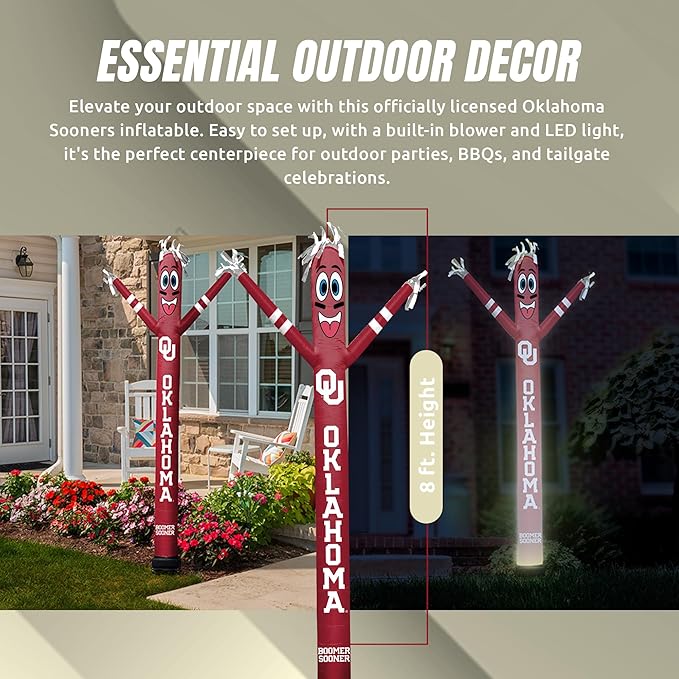 NCAA Oklahoma Sooners Football Wacky Waving Inflatable Tube Guy with LED Lights & Built-in Blower - 6" x 36" x 96" Inflatable Tube Man Crazy Sports Fan Outdoor Party Decoration