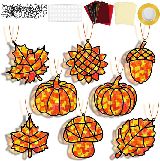 32 Sets Fall Thanksgiving Suncatchers Craft Kit DIY Window Stained Glass Effect Autumn Harvest Paper Crafts Home School Classroom Decoration Kid Birthday Gift Creative Art Project Activity Game