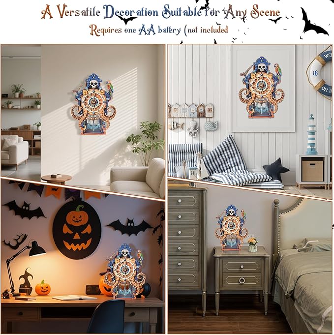 3D Wooden Octopus Pirate Puzzle Clock - Mechanical Model Kit with Anchor Pendulum & Pirate Theme, DIY Building Kit for Adults Teens, Vintage Wall Clock for Home Office Decor, Unique Gift for Men