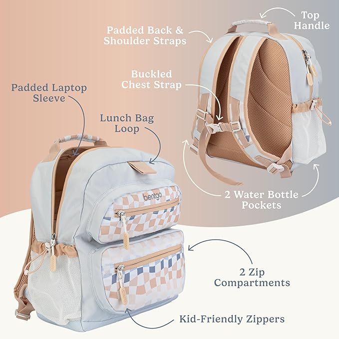 Bentgo Kids Backpack (Whimsy & Wonder Collection) - Lightweight 14’’ for School, Travel & Daycare - Ideal for Kids 4+, Durable & Water-Resistant, Roomy Interior, Loop for Lunch Bag (Checker Gradient)