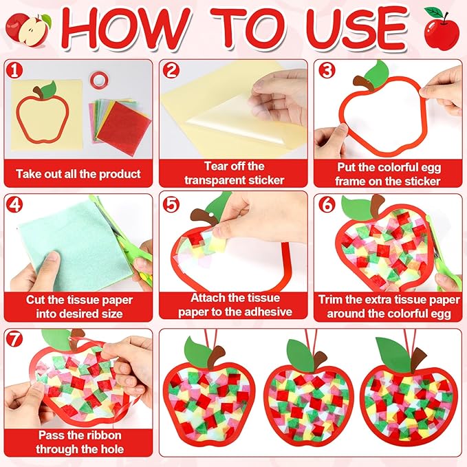 Qyeahkj 36 Set Fall Apple Suncatchers Crafts for Kids DIY Autumn Apple Window Tissue Paper Craft Kit Hanging Decor for Back to School Home Activity Art Project Birthday Party Favor Gift