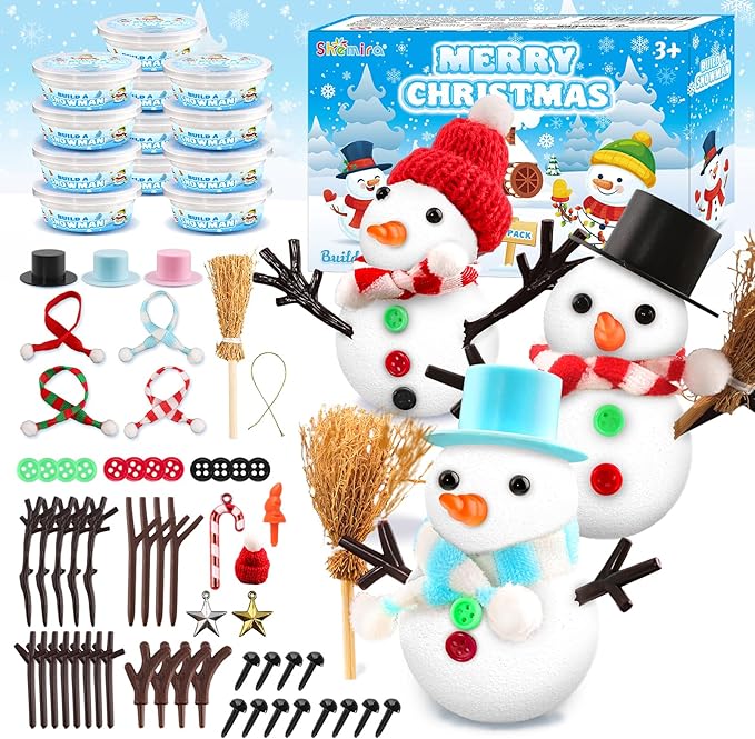 Shemira 12 Pack DIY Snowman Kit, Christmas Crafts for Kids, Modeling Air Dry Clay Craft Kits for Kids, DIY Christmas Ornaments Kits,Party Favors Stocking Stuffers
