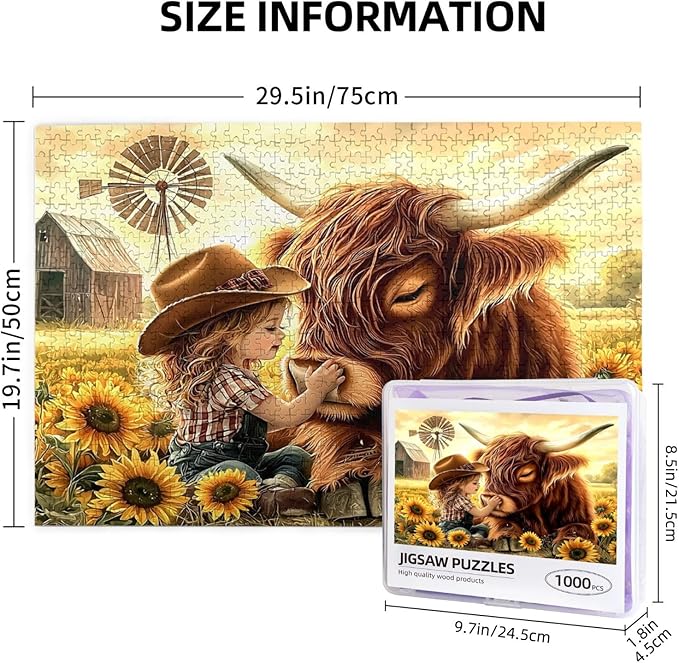Cute Girl Highland Cattle Sunflower Jigsaw Puzzles 1000 Piece,Flowers Puzzle Nature Animal Flower Painting Jigsaw Puzzles 1000 Piece,Birthday Gifts for Adults and Family Game