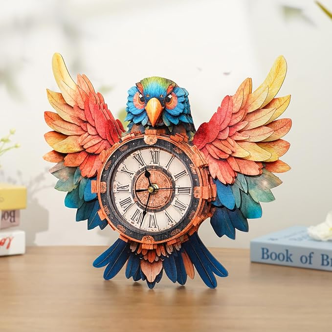 KAAYEE 3D Puzzle for Adult, Wooden Parrot Pendulum Clock Mechanical Model Kit, 33 PCS DIY Vintage Wall Clock Building Kit, Creative Craft Gift for Birthday Home Decor (Battery Not Included)