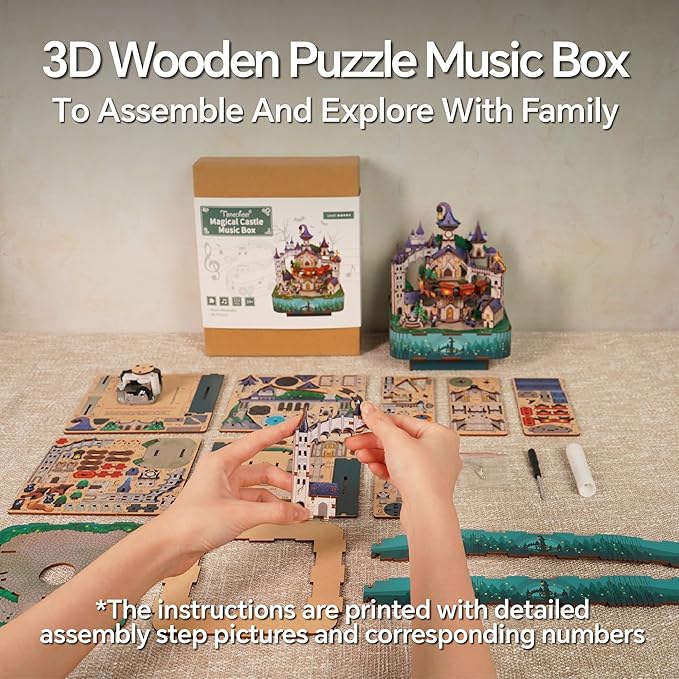 Tonecheer Wooden Music Box Puzzle for Adults,DIY Rotating Music Box Kit 3D Creative Musical Puzzle Crafts Model Building Kits Desk Decor for Teens Kids Birthday Gift (Magical Castle)