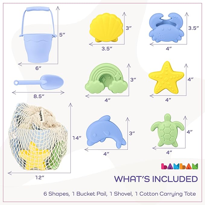BAMBAM Baby โ Premium Silicone Beach Toys for Toddlers & Baby | 100% BPA Free, Safety Tested | 8 Piece Sand Bucket Set for Kids Ages 6 Months and Up (Beach Blue)
