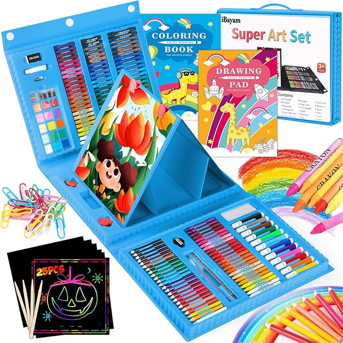 iBayam Art Case Coloring Set - (251ct), Art Kit for Kids, Toys for Girls & Boys, Art Supplies Set, Gift for Kids with Trifold Easel, Scratch Paper, Sketching/Coloring Book, Crayons Pencils