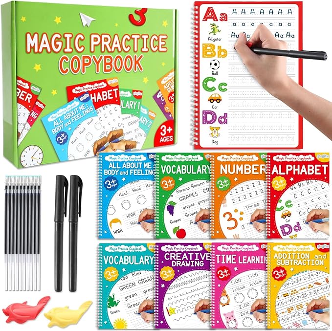 gisgfim 8 Pack Magic Grooved Writing Practice Books for Kids Reusable Magical Handwriting Workbooks with Disappearing Ink Pens Pencil Grips Letter Tracing Copybook for Kindergarten Preschool Age 3-8