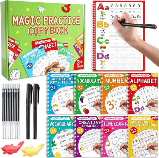 gisgfim 8 Pack Magic Grooved Writing Practice Books for Kids Reusable Magical Handwriting Workbooks with Disappearing Ink Pens Pencil Grips Letter Tracing Copybook for Kindergarten Preschool Age 3-8