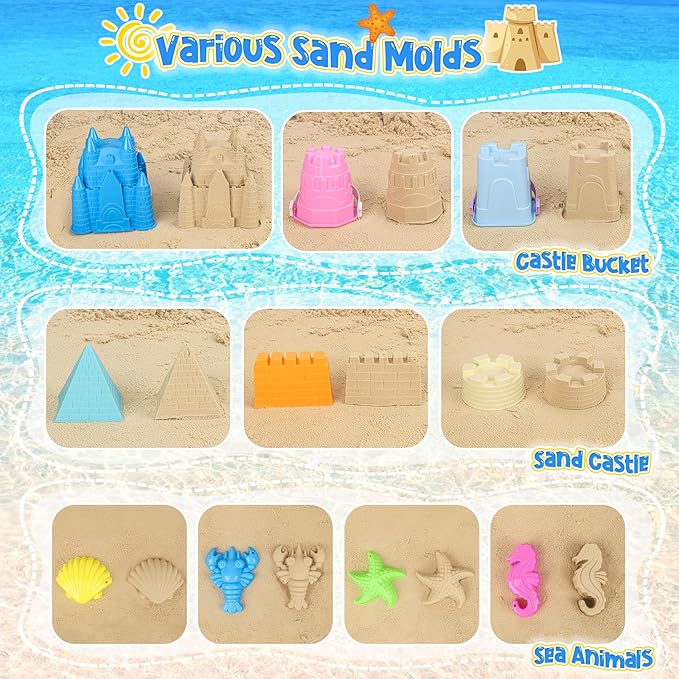 Beach Toys Sand Toys for Kids, Sand Castle Toys with Castle Bucket, Sand Molds, Shovel and Rake, Sandbox Toy for Toddlers 1-3 4 5 6 7 8 9 10 12, Beach Summer Accessories for Kids