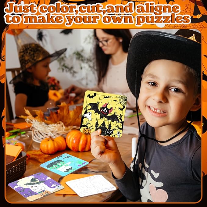 12 Sets Puzzles Color Your Own Puzzles DIY Jigsaw Crafts with 12 Stackable Crayons and 12 Bags for Learning Education Toys Gifts Prizes Birthday Party Supplies (12, Halloween)