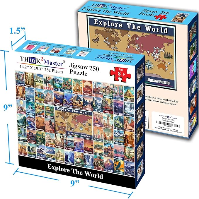 Think2Master Colorful Vintage World Destinations 250 Pieces Jigsaw Puzzle. Fun Educational Toy for Kids, School & Families. Great Gift for Ages 8+ Great Gift for Interested in Traveling 14.2” X 19.3”