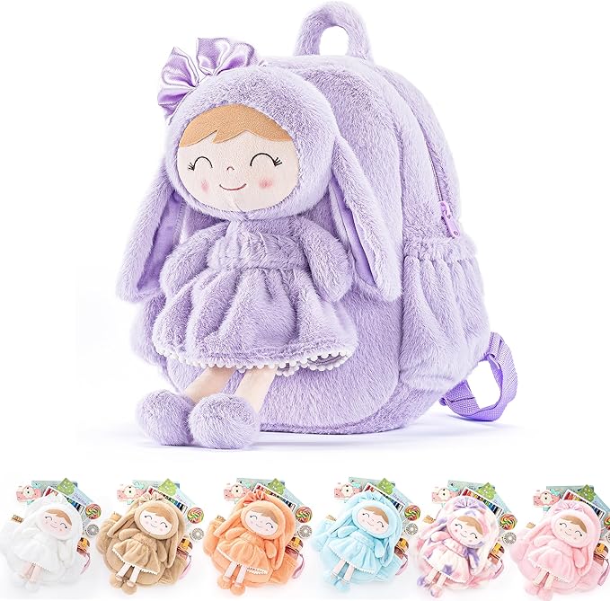 Gloveleya Back to School Gifts for Girls Bunny Toddler Backpack Plush Bag Baby Gift for Girl 2+ Years Old with Detachable Purple Rabbit Doll 11 Inches