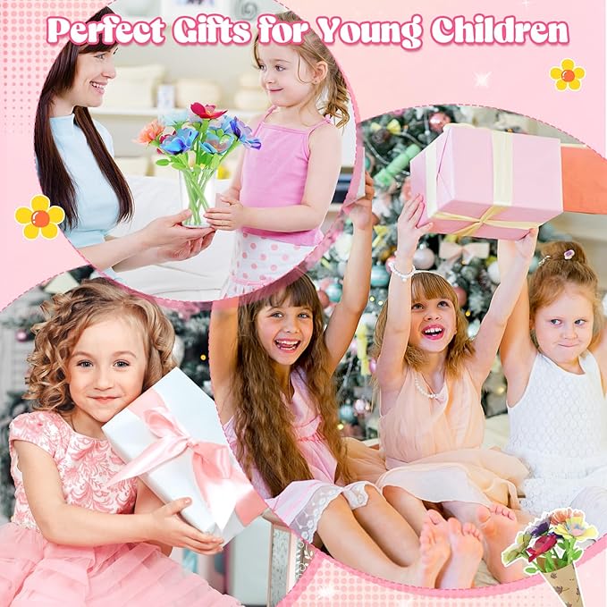 Hunfur DIY Fabric Flower Bouquet Craft Kit for Girls Ages 3-5 4-8,Build Your Own Flower Making Kit Toy,Arts and Crafts for Kids 3 4 5 6 7 8 Year Old Birthday Gift, Preschool Educational Activity