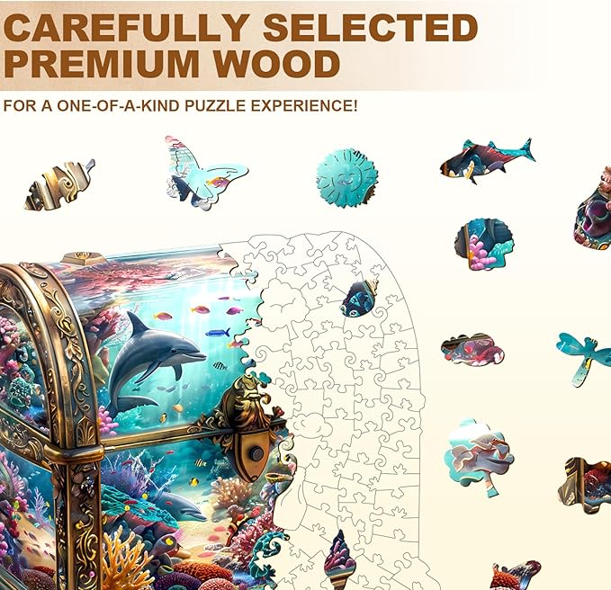 Wooden Puzzles for Adults, Treasure Chest Ocean Wooden Jigsaw Puzzle Fish 430 PCS Unique Shape Wood Puzzles Adult 3D Visual Effect Birthday Gifts for Puzzle Lovers Family Games (XL-17.3 * 16.7in)
