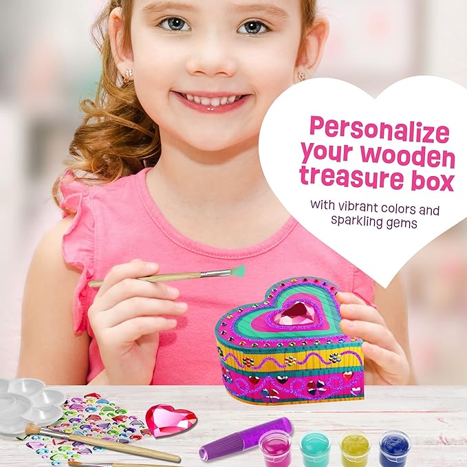 Pretty Me Paint Your Own Wooden Kids Heart Treasure Box Kit - Basket Stuffers - Art Kits for Toddler Girl - Arts and Craft Gifts for Ages 4-6 Year Old Girls - DIY Jewelry - Toys - Crafts Painting Gift