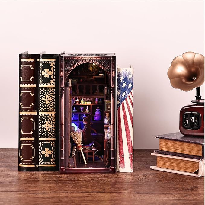 Magic Wizard Cat 3D Book Nook Kit, DIY Miniature House Booknook Dollhouse Kit for Adults and Teens, 3D Wooden Puzzle Bookend Bookshelf Insert Decor, Mini Magic House Model Build Gift